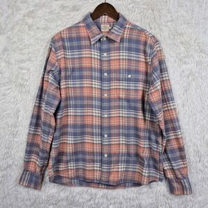 Faherty Brand Mens Organic Cotton Plaid Flannel Shirt Blue Orange L Sustainable